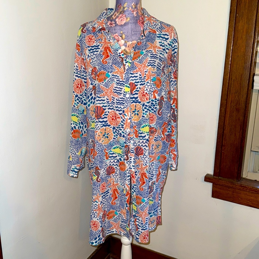 Talbots Beautiful Seahorse Summer Crinkle Cotton Bathing Suit Beach Cover Up 2X